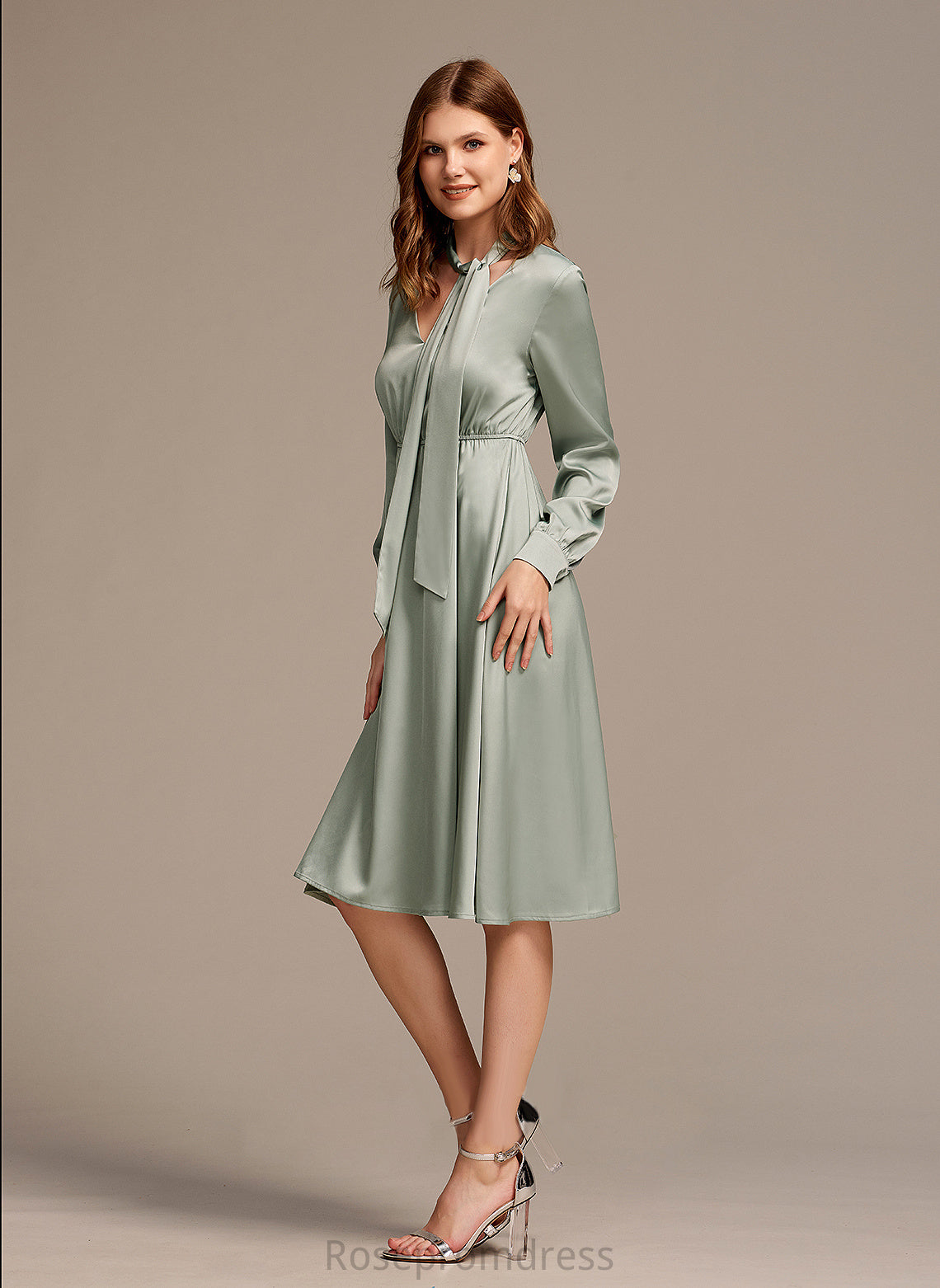 Sleeves Elegant V-Neck Dresses Long Club Dresses A-line Sahna Satin Bow(s) Midi