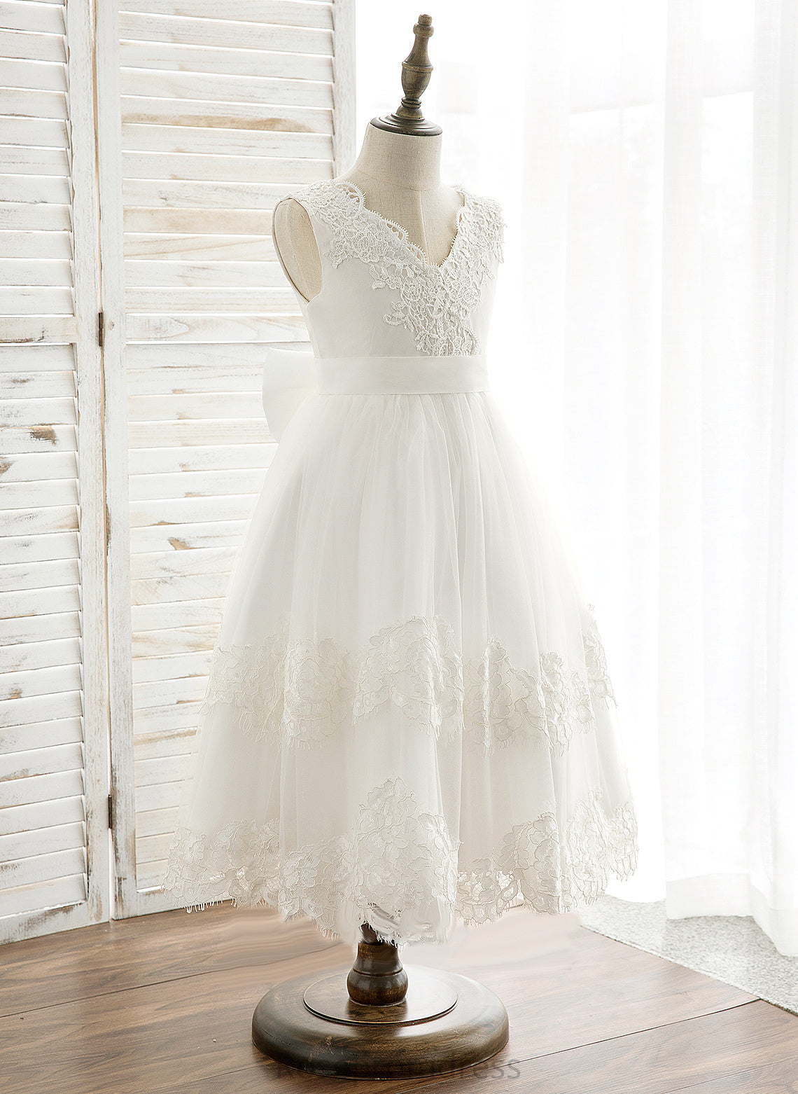 Flower V-neck - Dress With A-Line Girl Back Sleeveless Nola Tulle/Lace Tea-length Bow(s)/V Flower Girl Dresses