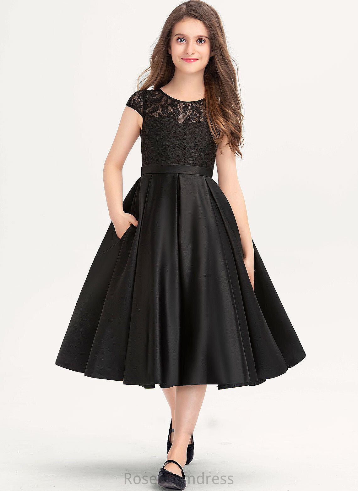 Knee-Length Pockets Junior Bridesmaid Dresses Satin Lace Scoop A-Line Neck With Millie