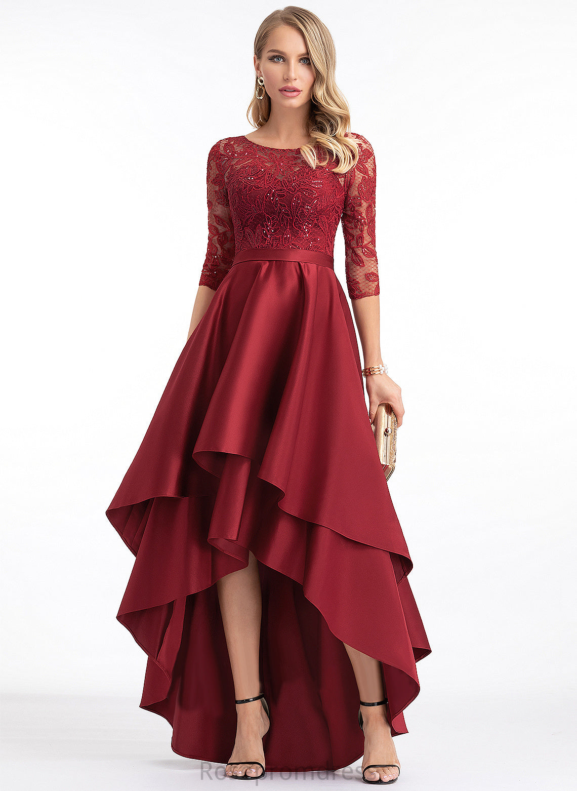 Satin Sequins Club Dresses Satin A-line Lace 1/2 Neck Round Dresses Sleeves Lauren Asymmetrical