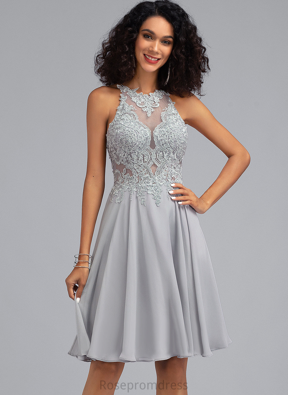 Knee-Length Chiffon A-Line Scoop With Prom Dresses Lace Aisha Sequins