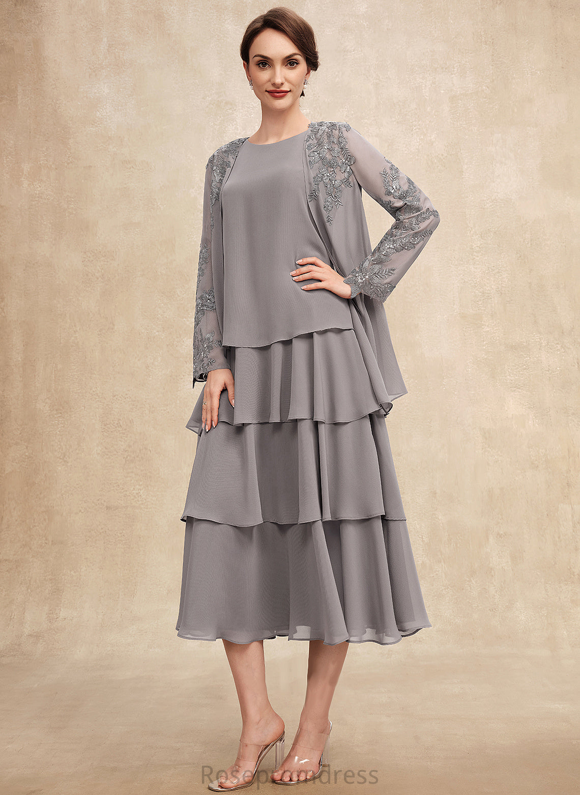 Neck Tea-Length Yaritza With Chiffon Scoop Dress Mother of the Bride Dresses Cascading the Bride Mother Ruffles A-Line of