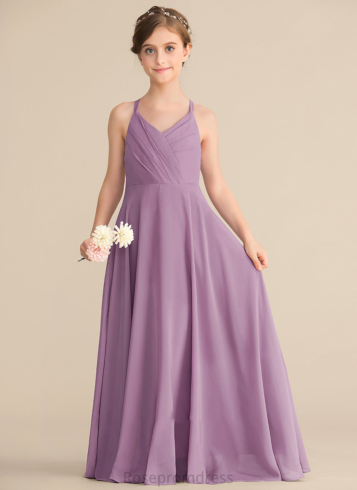 V-neck Chiffon With A-Line Ruffles Cascading Janiyah Floor-Length Junior Bridesmaid Dresses