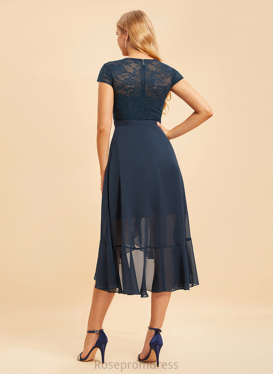 A-line Lace Neckline Silhouette Length Scoop Straps&Sleeves Asymmetrical Fabric Lauren A-Line/Princess V-Neck Bridesmaid Dresses