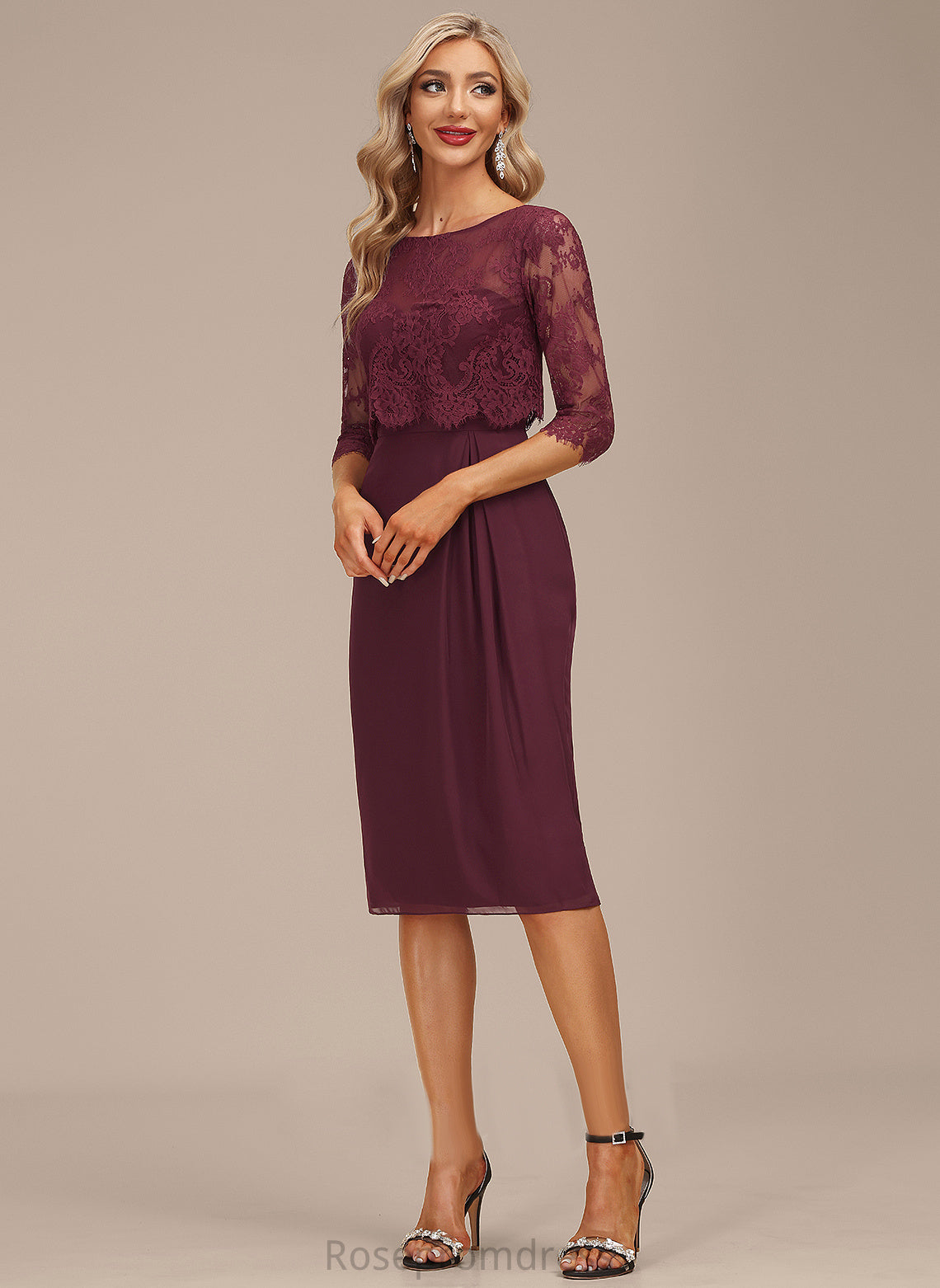 Cocktail Chiffon Scoop Cocktail Dresses Lace Dress Neck Sheath/Column Ruffle With Pearl Knee-Length