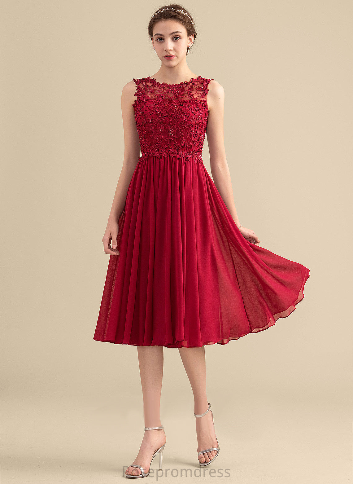 Homecoming Dresses Neck Lace Knee-Length Lace Homecoming Shania Scoop Dress Beading A-Line With Chiffon