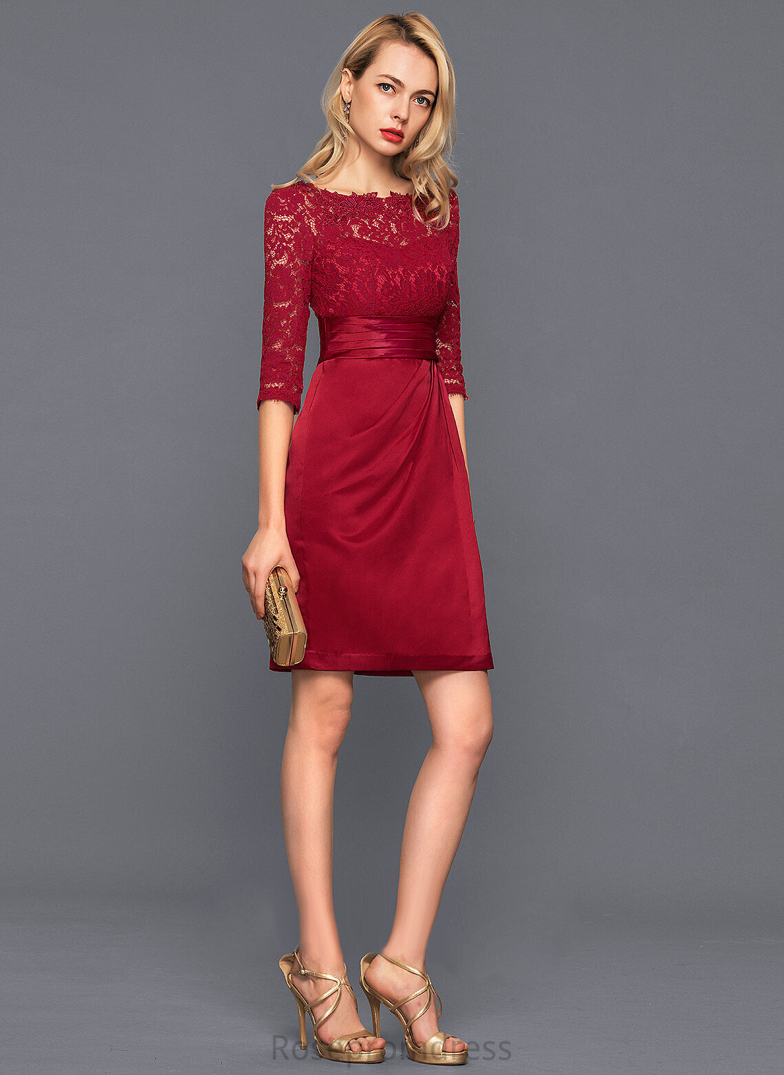 Sheath/Column Laney Dress Lace Knee-Length Satin Cocktail Ruffle Scoop Cocktail Dresses With Neck