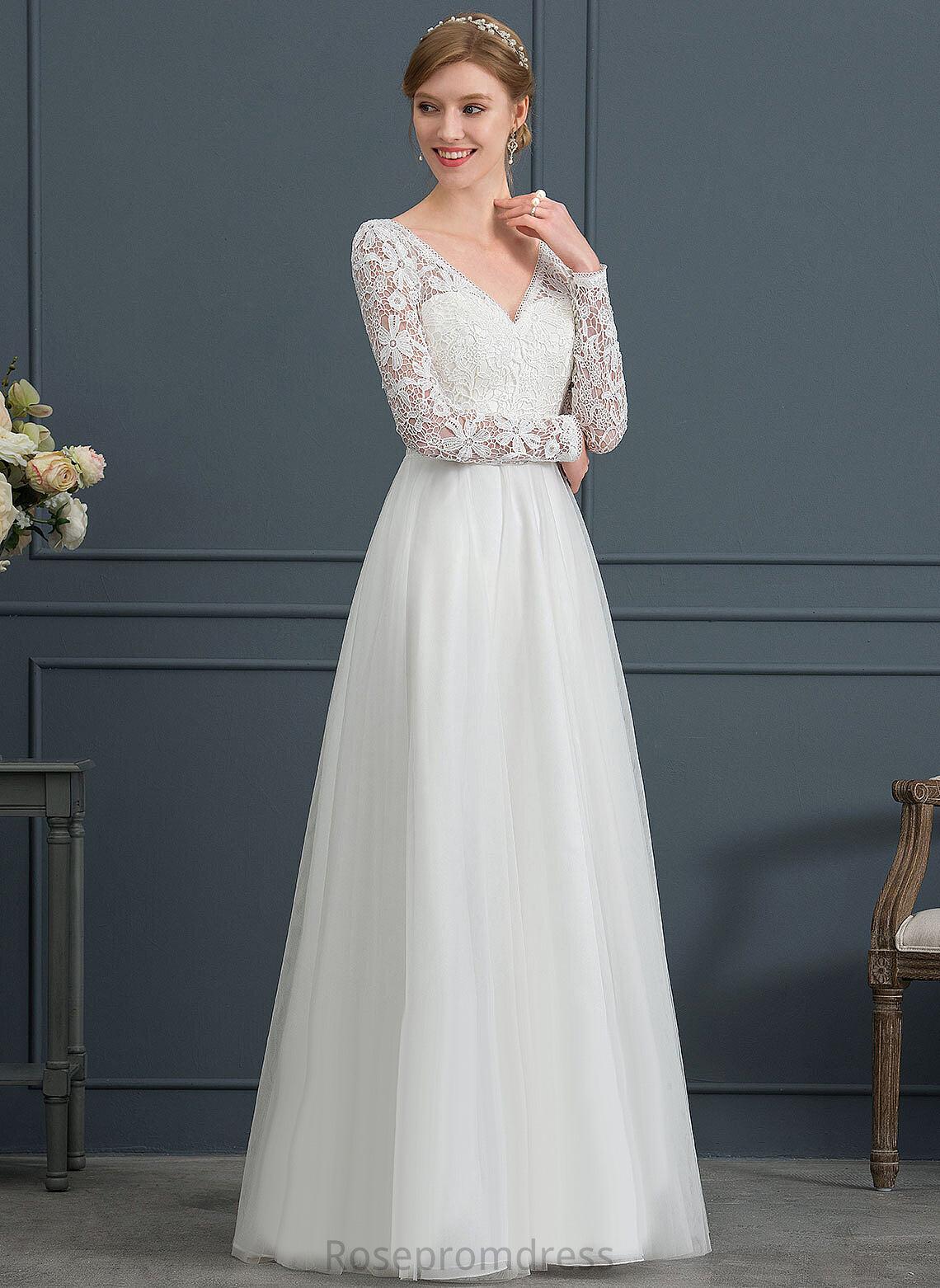 A-Line Wedding Dresses Wedding Lace Floor-Length V-neck Paulina Tulle Dress