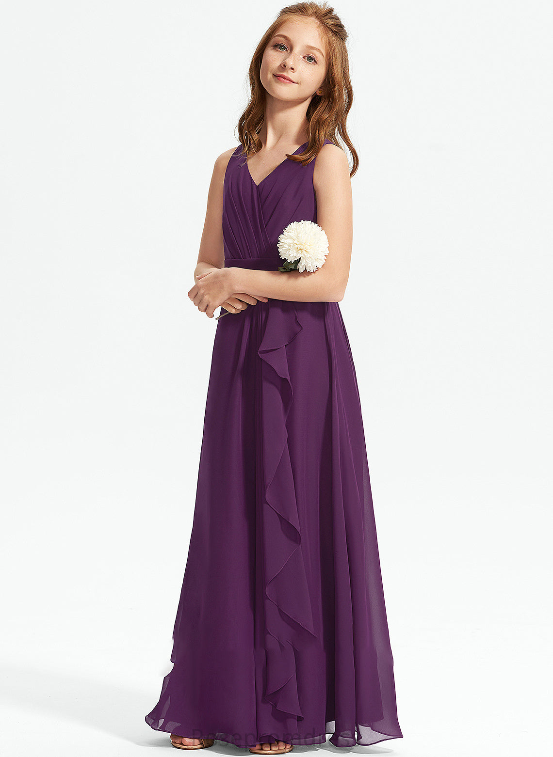 Floor-Length Jenny With Chiffon A-Line Junior Bridesmaid Dresses Ruffles V-neck