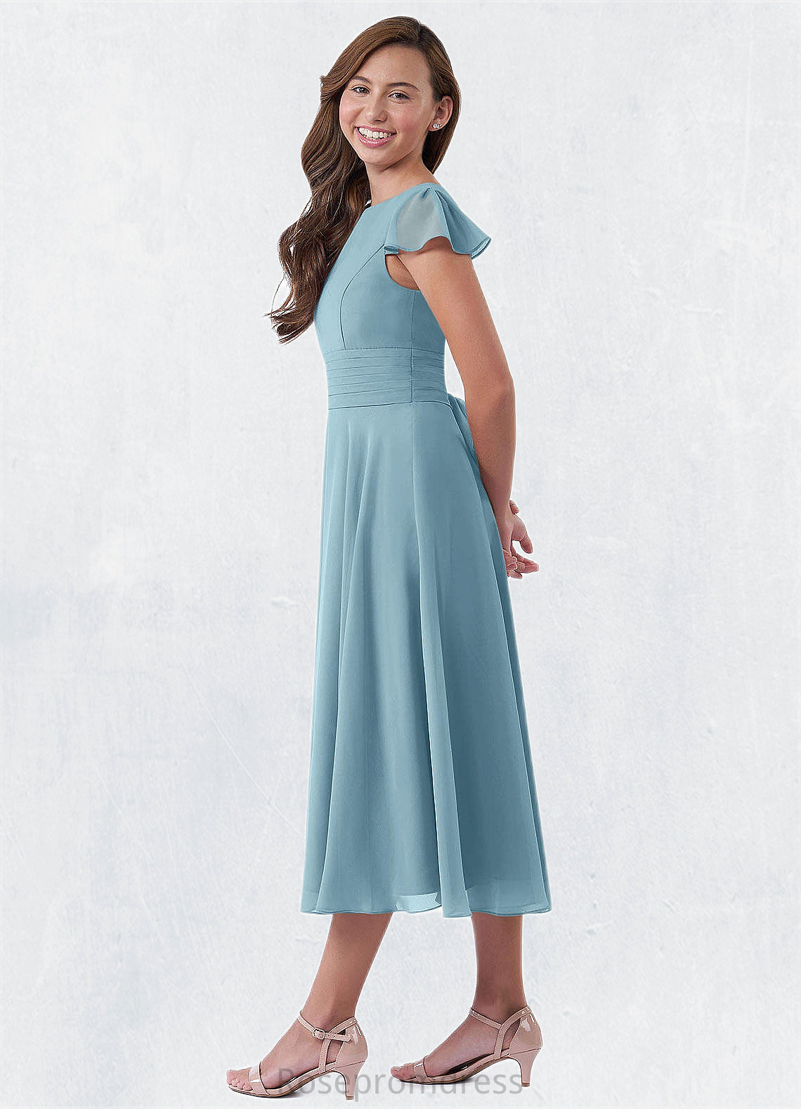 Paisley A-Line Bow Chiffon Tea-Length Junior Bridesmaid Dress SRSP0019974