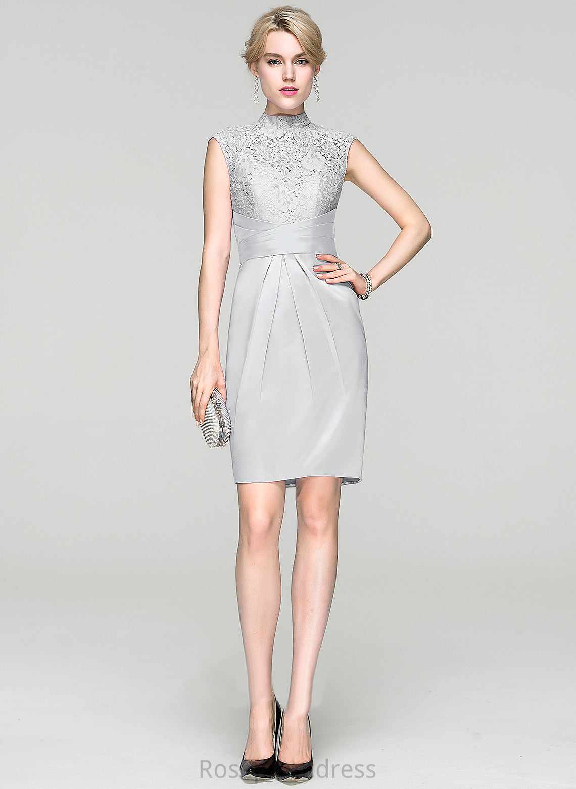 Lace Dress Cocktail Neck High Charmeuse With Knee-Length Sheath/Column Monserrat Ruffle Cocktail Dresses