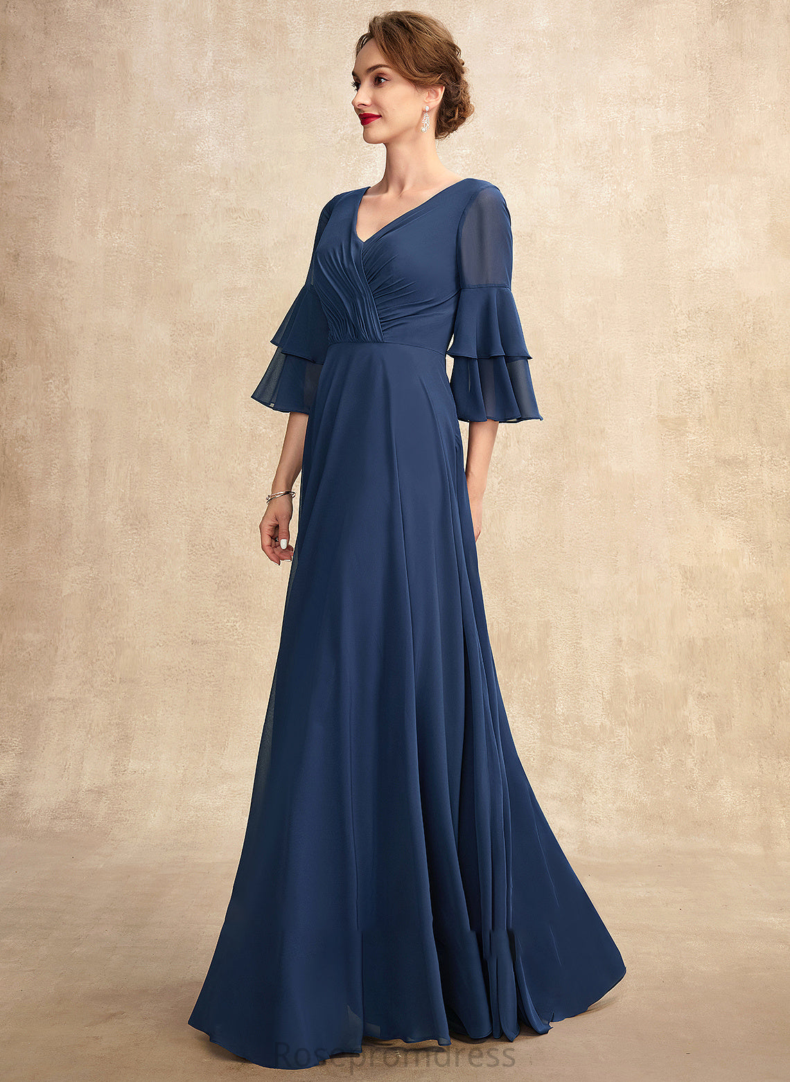 Chiffon Bride Mother of Floor-Length Dress V-neck the With Mother of the Bride Dresses A-Line Ruffles Micaela Cascading