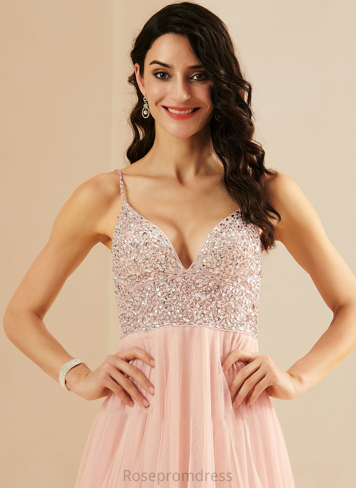 V-neck Sequins A-Line Tulle Floor-Length Beading Prom Dresses Susie With