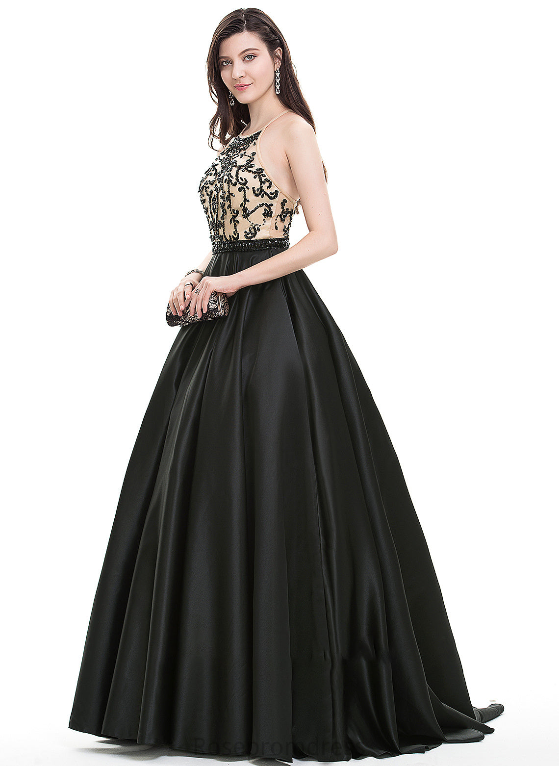 Train Satin Neck Sasha Sequins Sweep With Beading Prom Dresses Scoop Ball-Gown/Princess