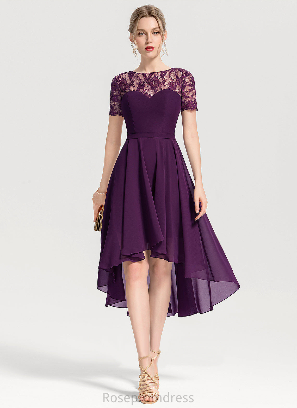 Asymmetrical A-Line Lace Neck Scoop Daphne Homecoming Chiffon Dress Homecoming Dresses With