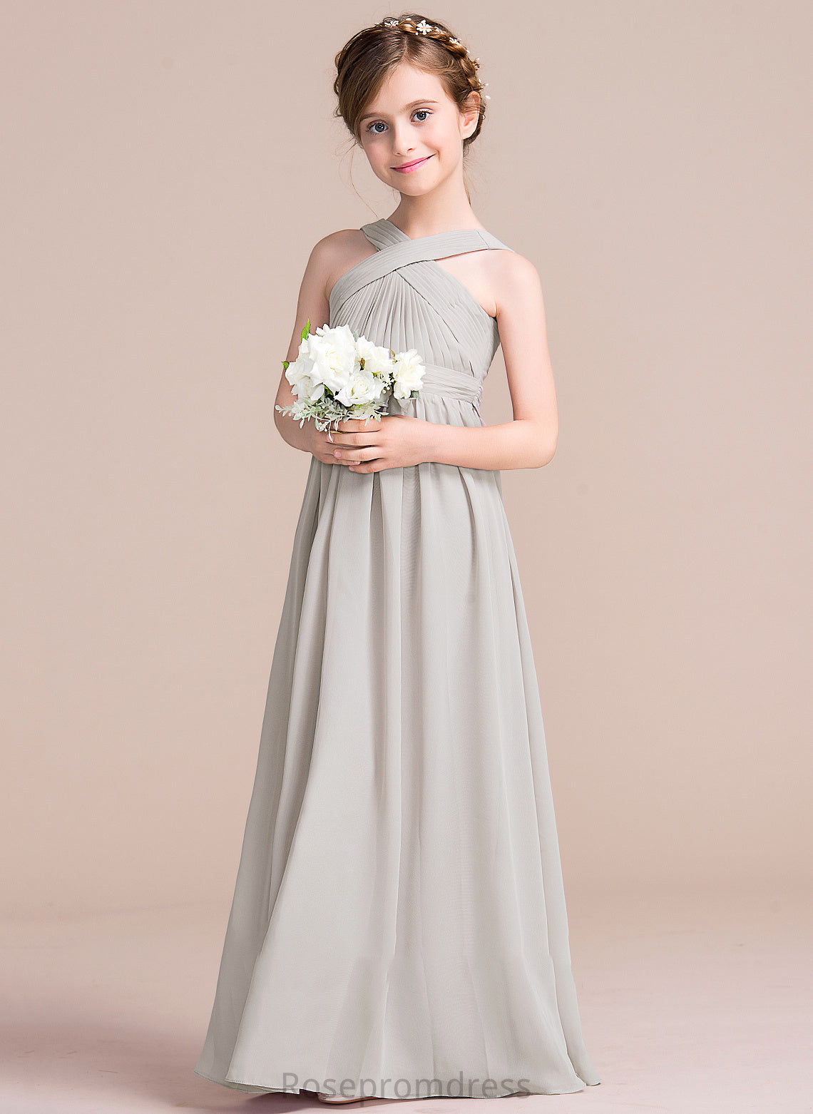 Bow(s) Ruffle Floor-Length Kelsey V-neck With A-Line Chiffon Junior Bridesmaid Dresses