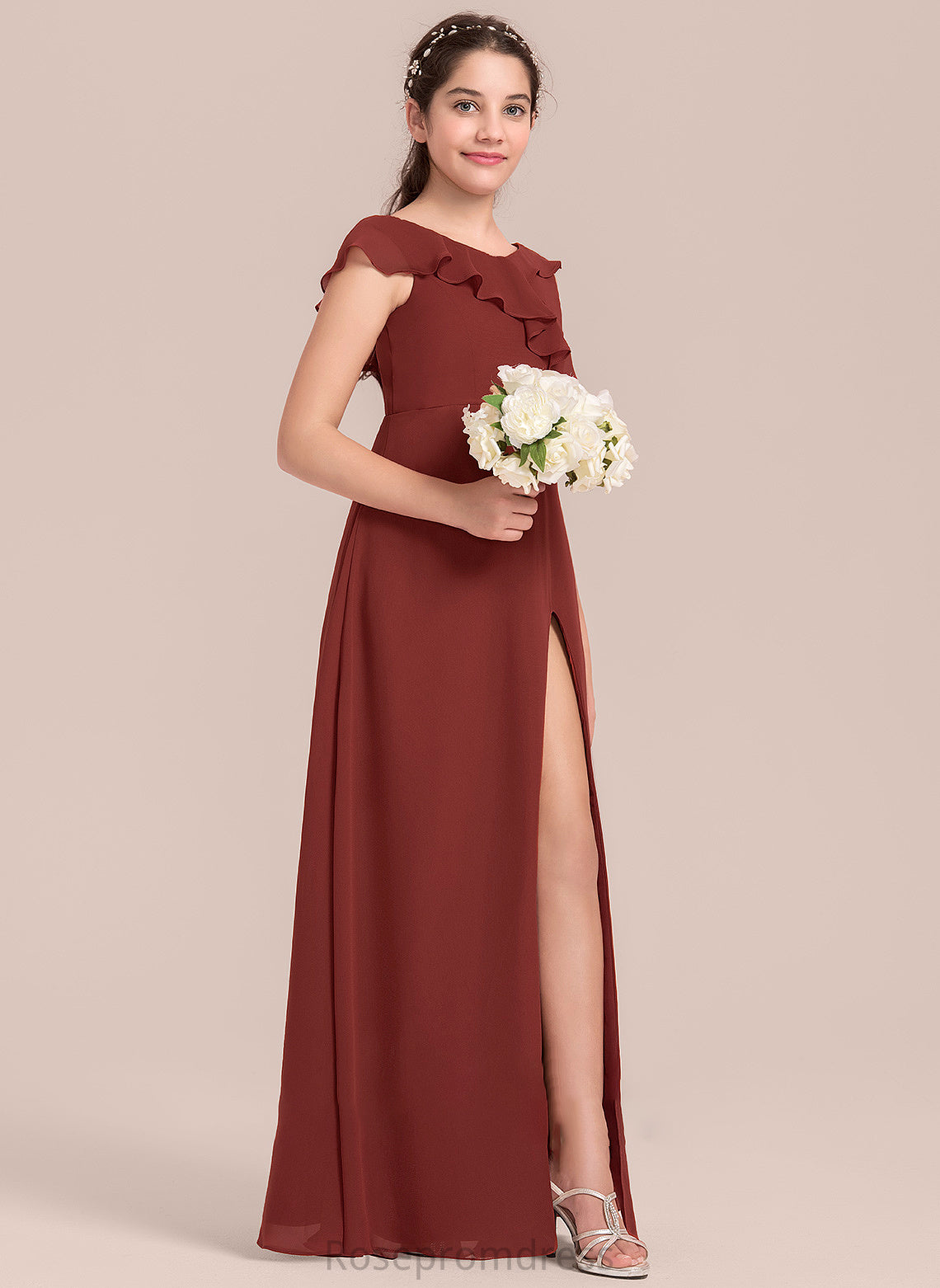 Chiffon Junior Bridesmaid Dresses With Gia Cascading Floor-Length Ruffles V-neck A-Line Split Front