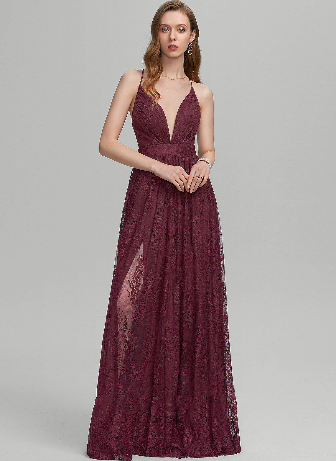 A-Line V-neck Prom Dresses With Front Floor-Length Payten Split Lace