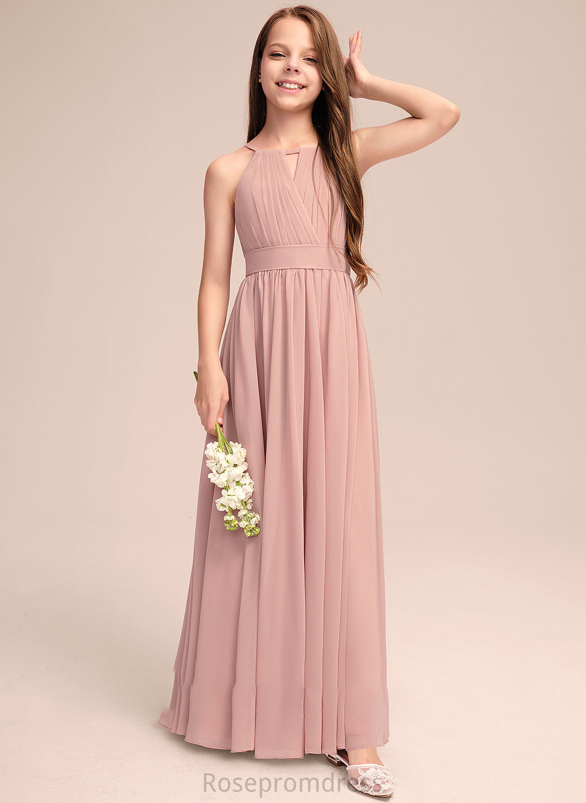 Bow(s) With Floor-Length Junior Bridesmaid Dresses Neck Scoop A-Line Ruffle Chiffon Belinda