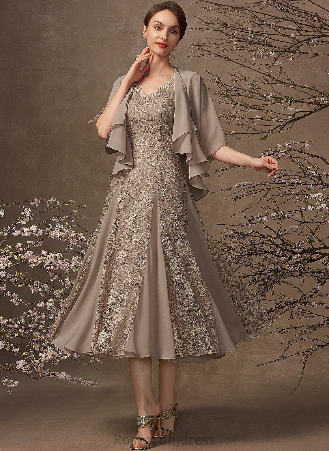 Chiffon A-Line Lace Mother Lilly the Dress of Bride Tea-Length V-neck Mother of the Bride Dresses