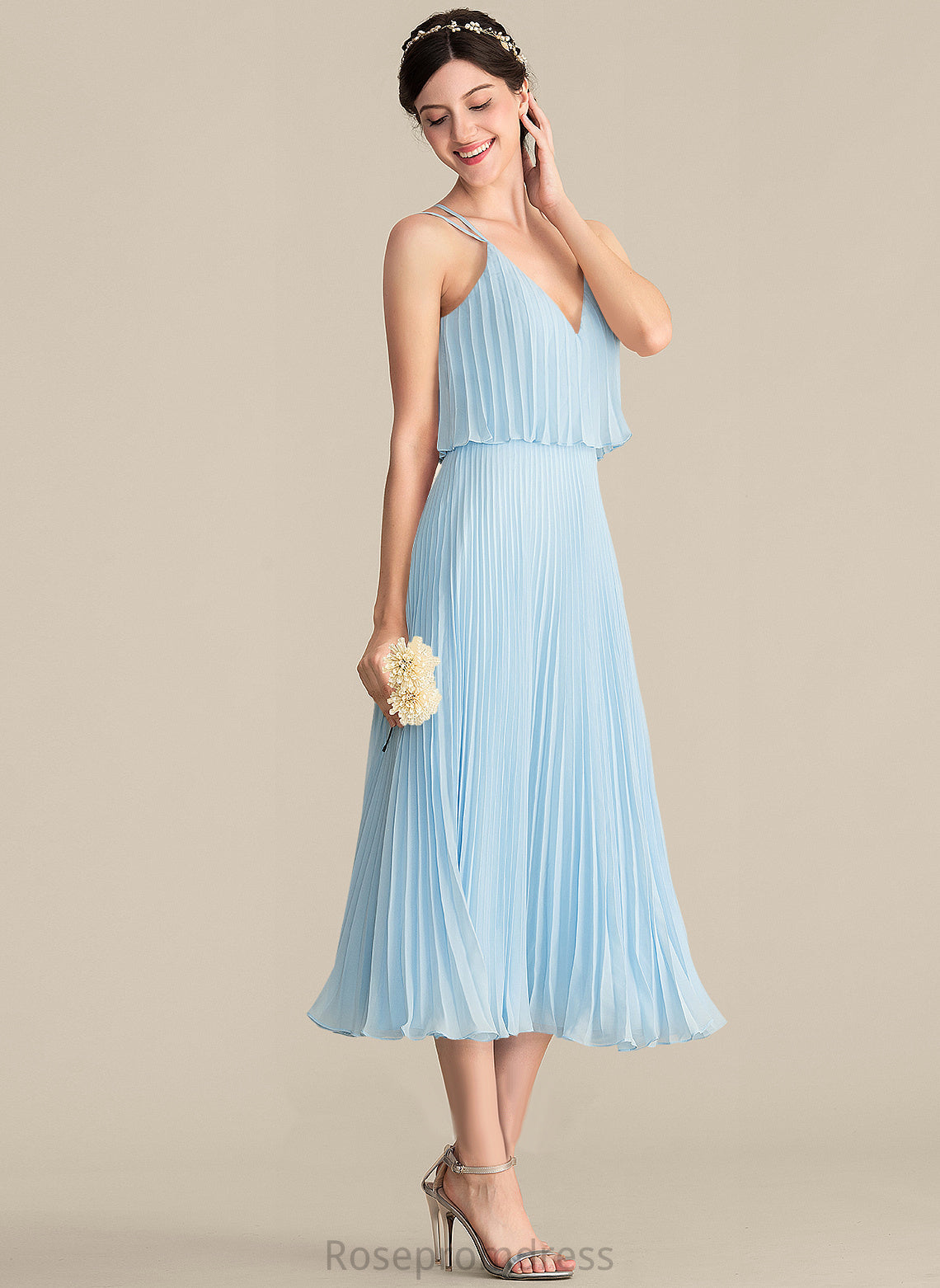 Chiffon Tea-Length V-neck Jamie Cocktail A-Line Dress With Cocktail Dresses Pleated