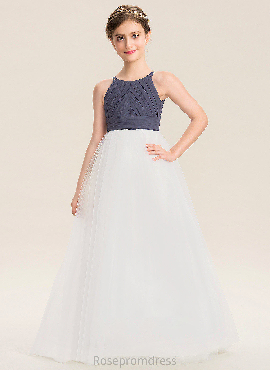 Ruffle A-Line Tulle Junior Bridesmaid Dresses Neck Chiffon Scoop With Paola Floor-Length