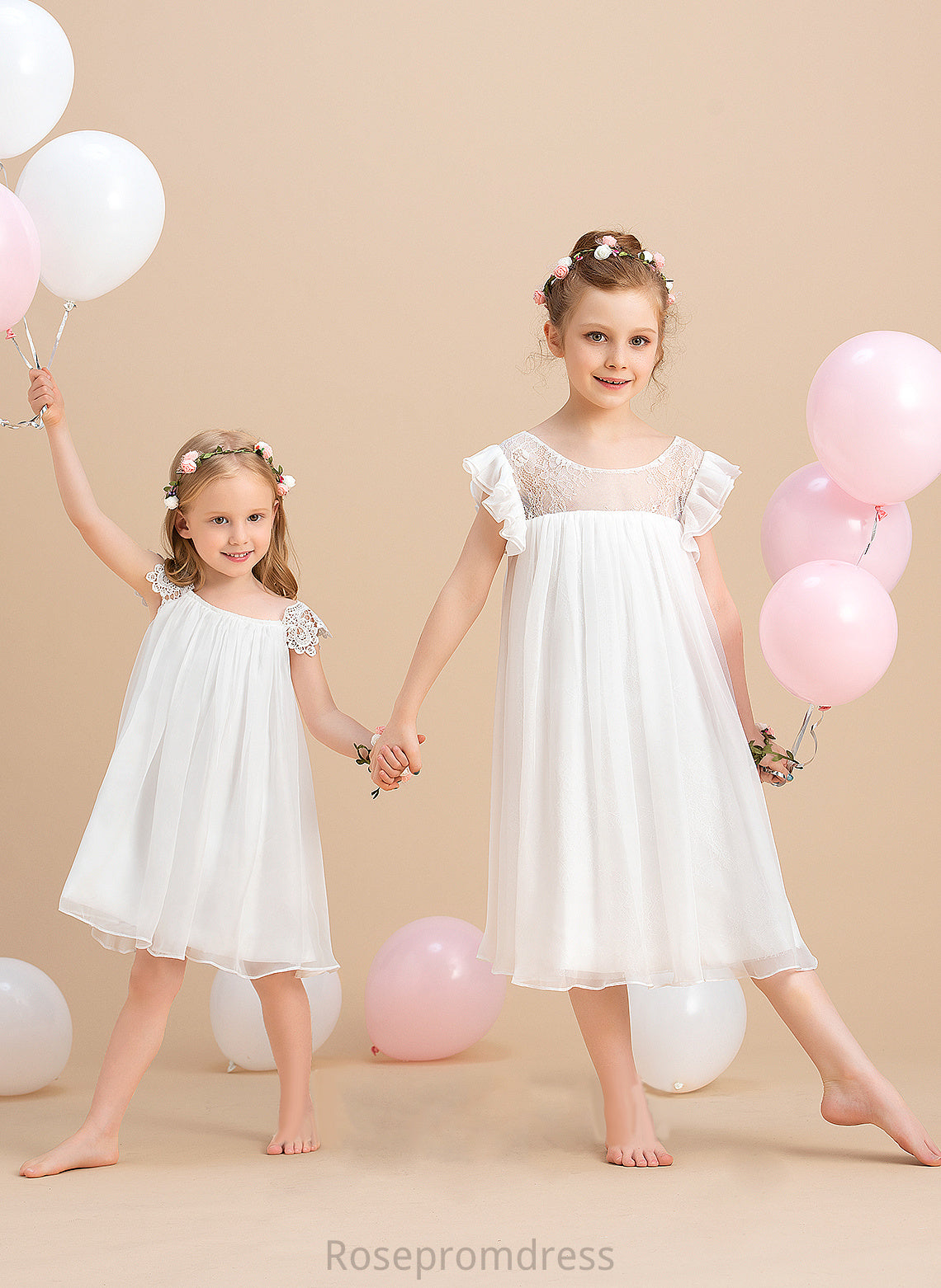 Sleeves Dress Flower Girl Dresses Girl With Scoop Chiffon A-Line - Short Neck Knee-length Nataly Flower Lace