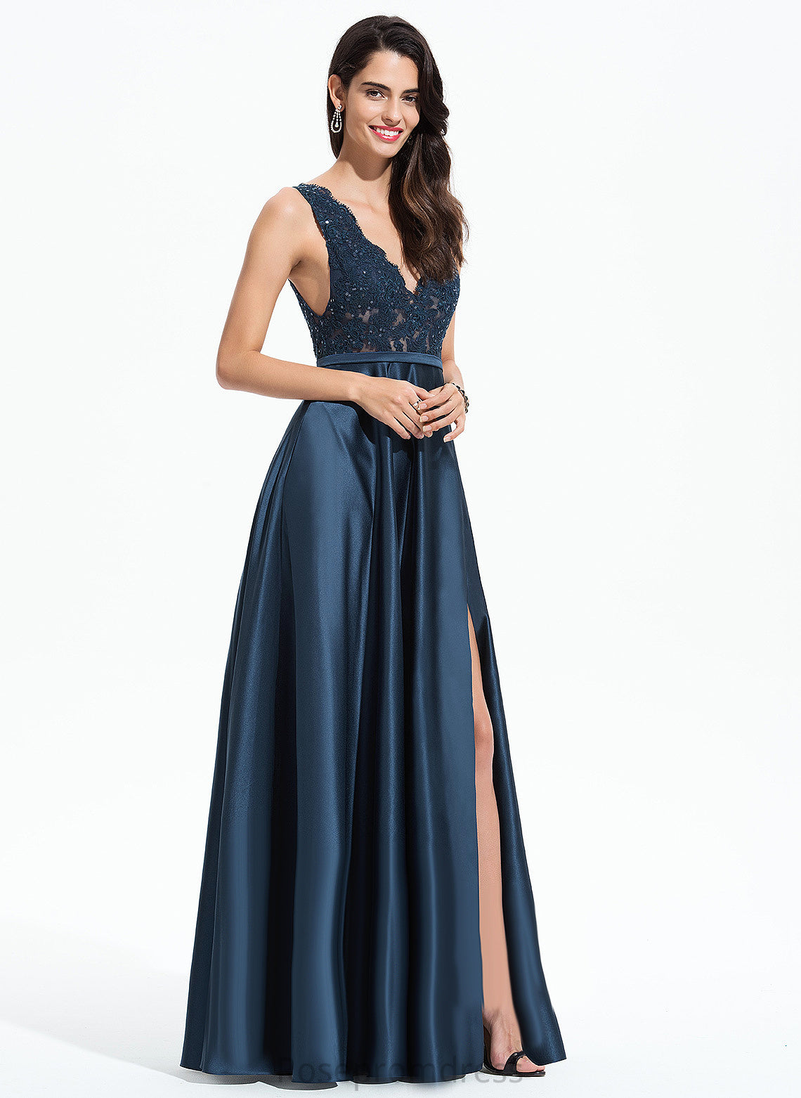 With V-neck A-Line Floor-Length Mignon Satin Sequins Prom Dresses Lace