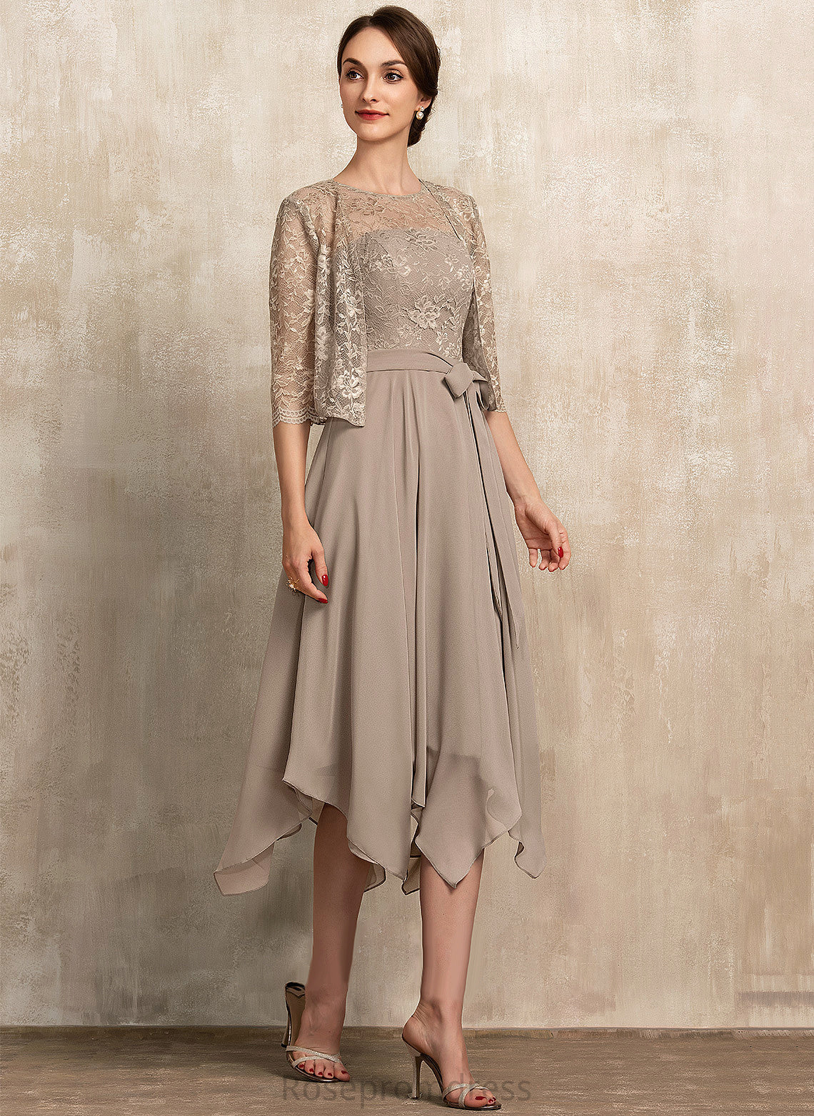 A-Line Bow(s) Neck Dress Scoop Chiffon Lace Tea-Length Cocktail Dresses With Ellie Cocktail