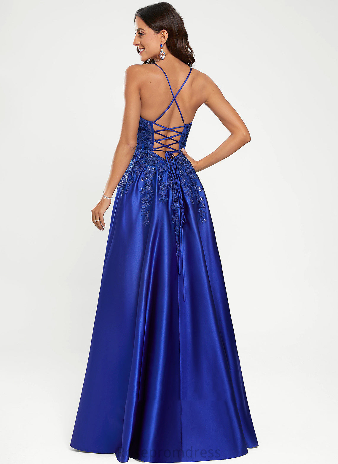 Floor-Length V-neck Prom Dresses Estrella Satin With Sequins A-Line