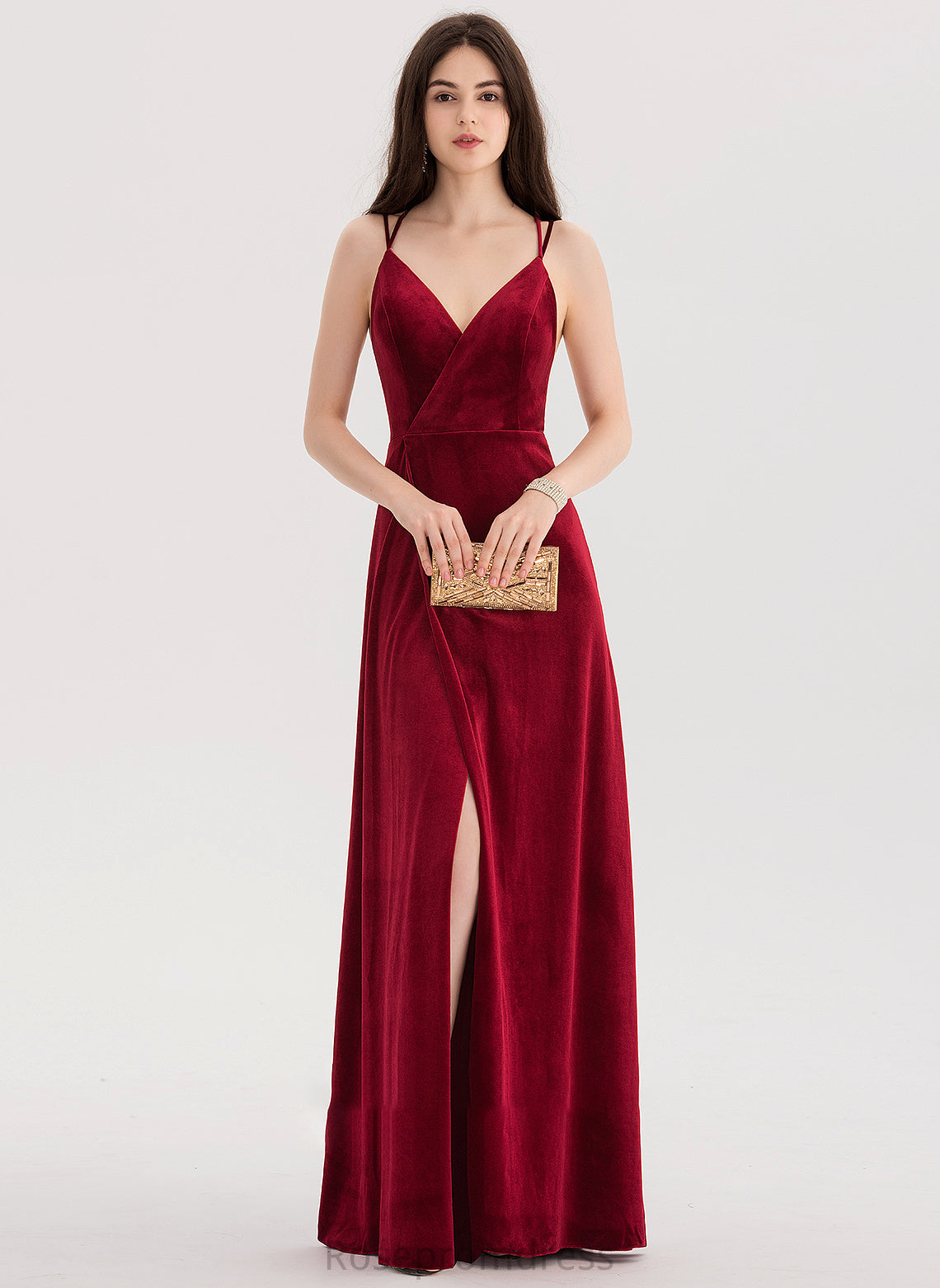 Floor-Length Prom Dresses A-Line Minnie Velvet Split With V-neck Front