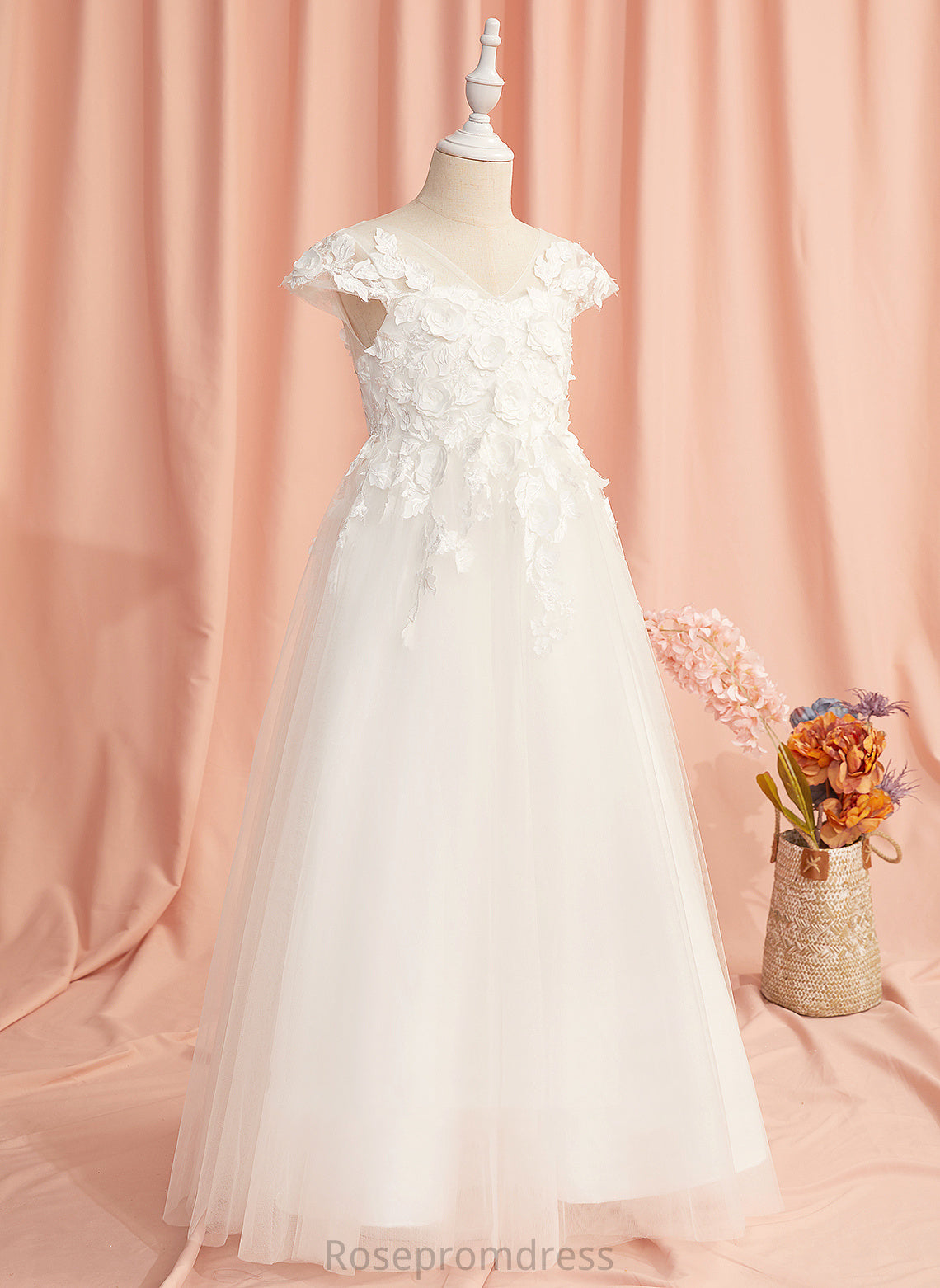 Floor-length Sleeves A-Line Tulle Dress Girl Short With Flower Allisson V-neck - Lace/Flower(s) Flower Girl Dresses