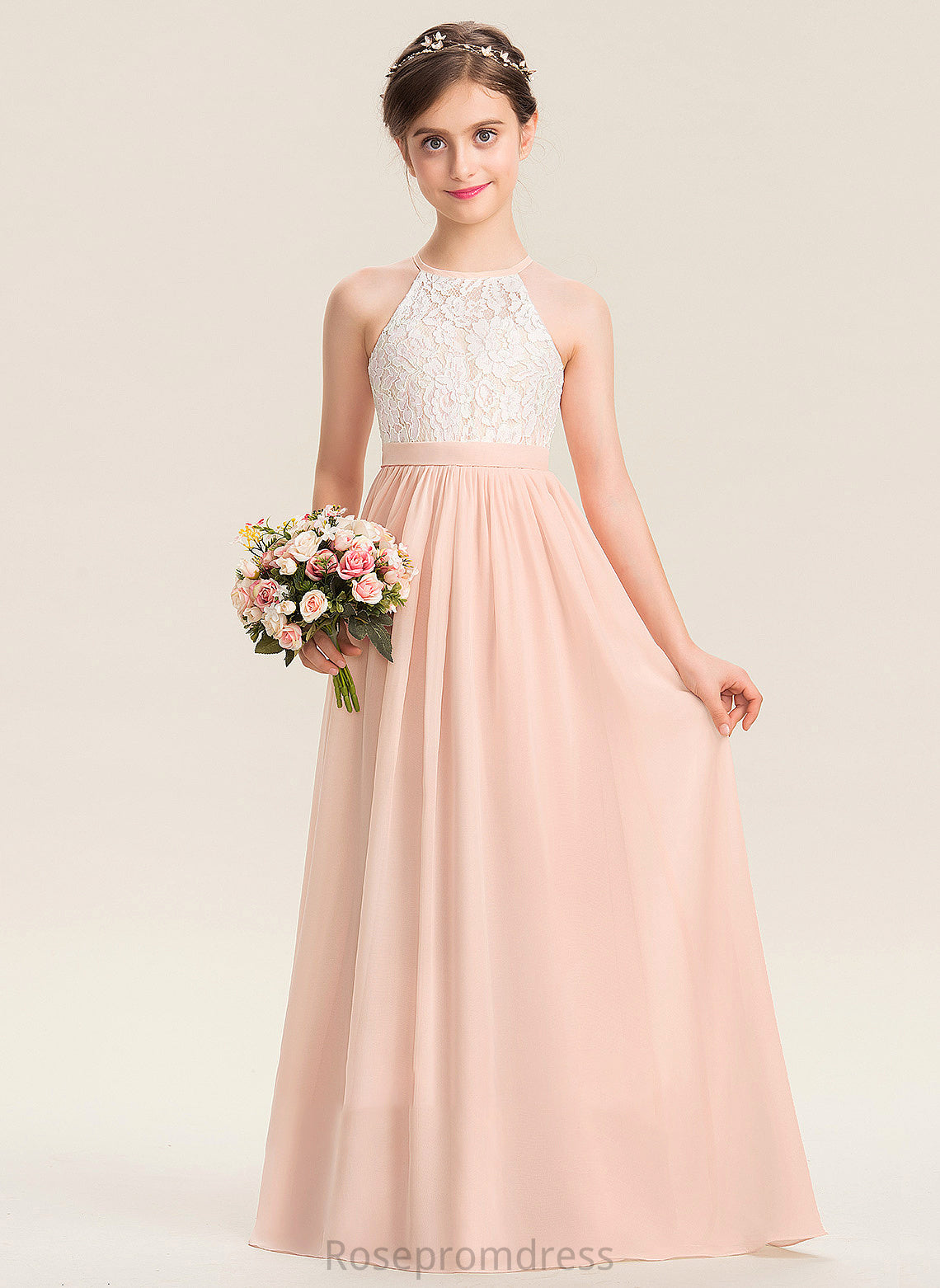 A-Line Floor-Length Lace Josie Scoop Chiffon Junior Bridesmaid Dresses Neck