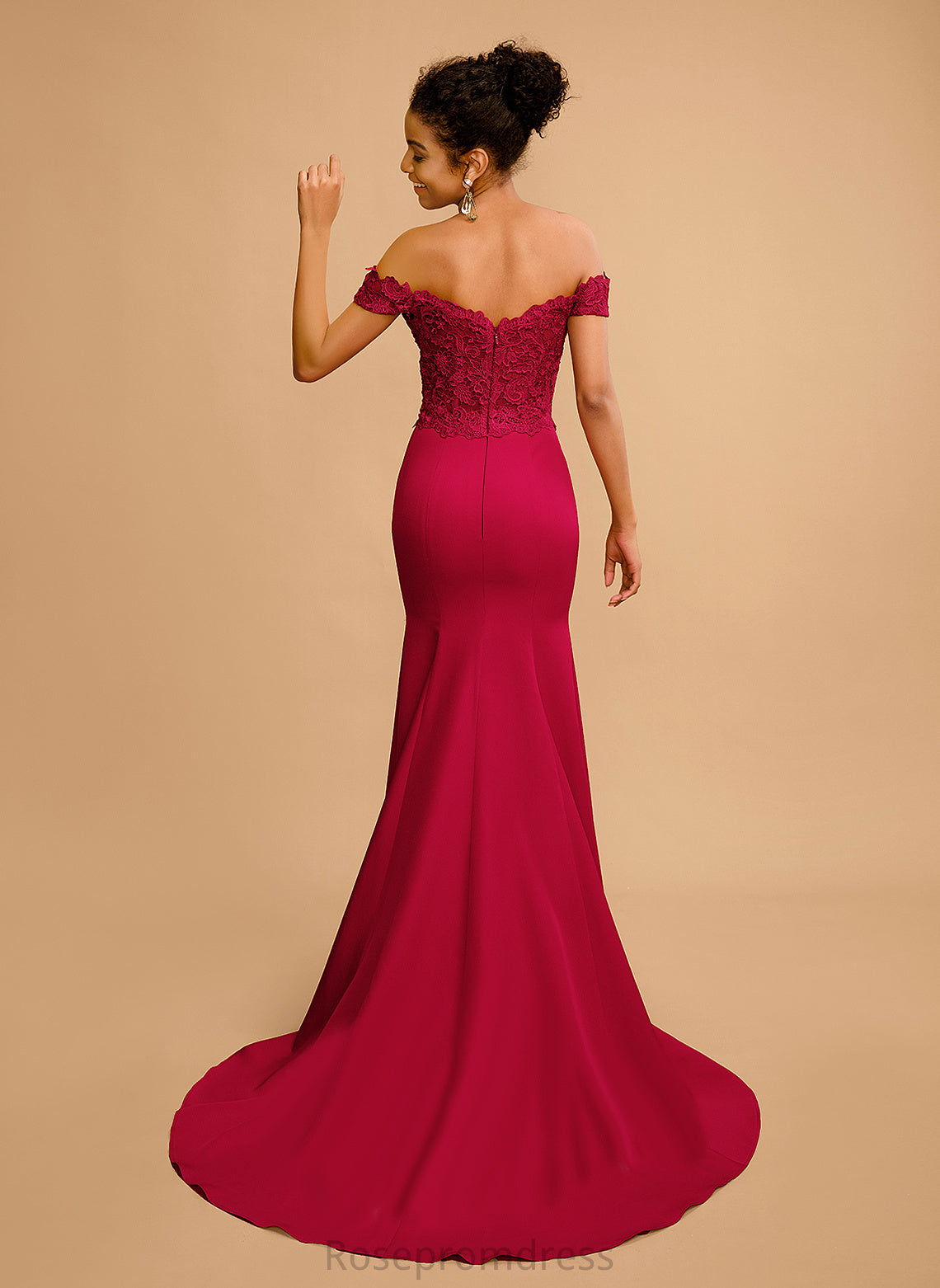 Off-the-Shoulder Crepe Trumpet/Mermaid Prom Dresses Lace Stretch With Sequins Val Floor-Length