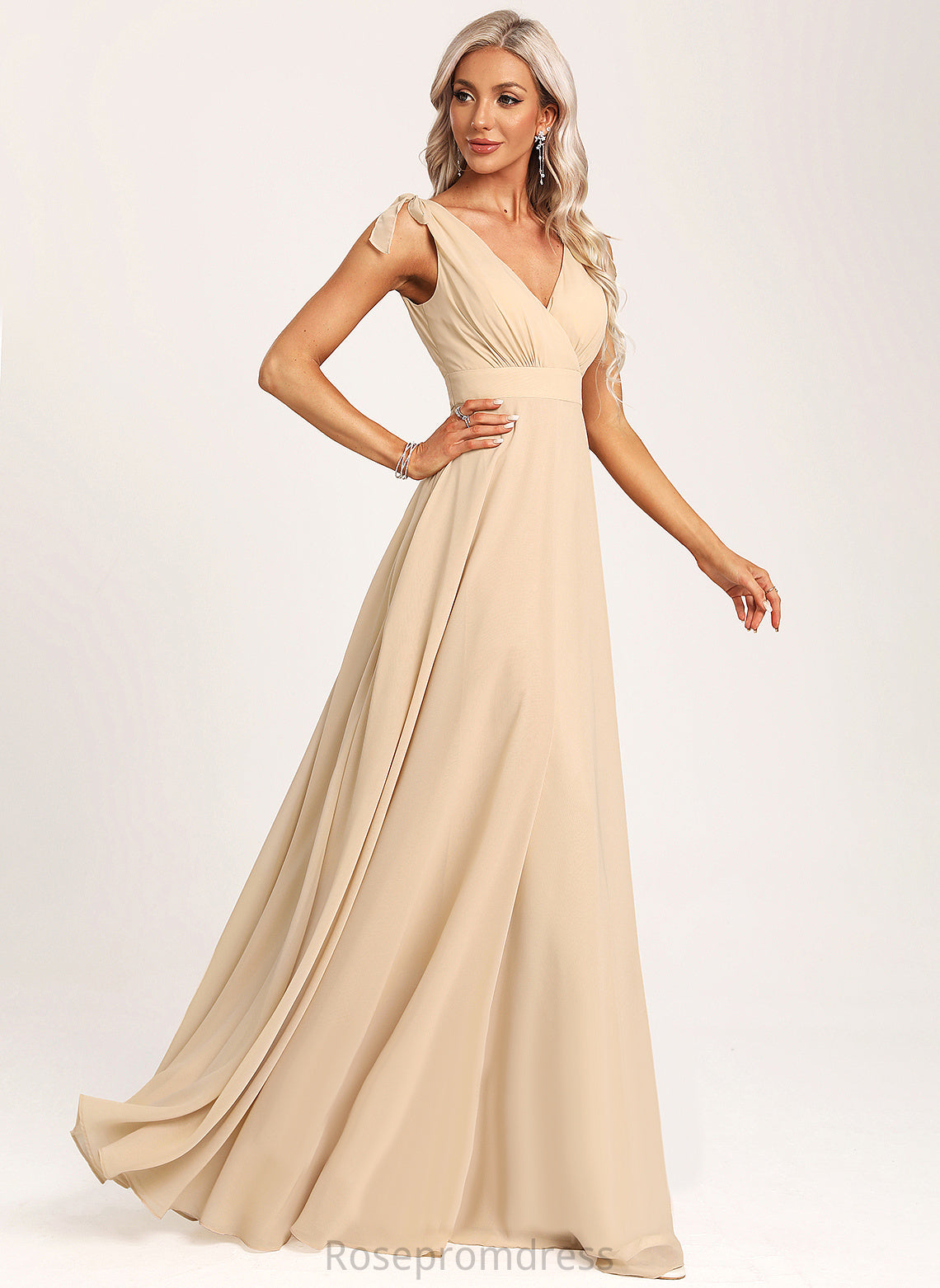 Floor-Length Neckline Fabric A-Line Length V-neck Silhouette Bow(s) Embellishment Gracelyn Sleeveless V-Neck Bridesmaid Dresses