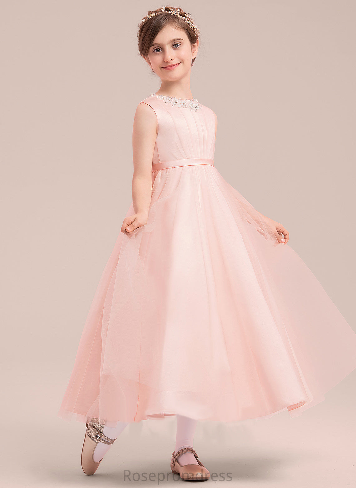 Iris - Sleeveless Ankle-length Beading/Bow(s) A-Line/Princess Scoop Neck Girl Flower Girl Dresses With Flower Satin/Tulle Dress