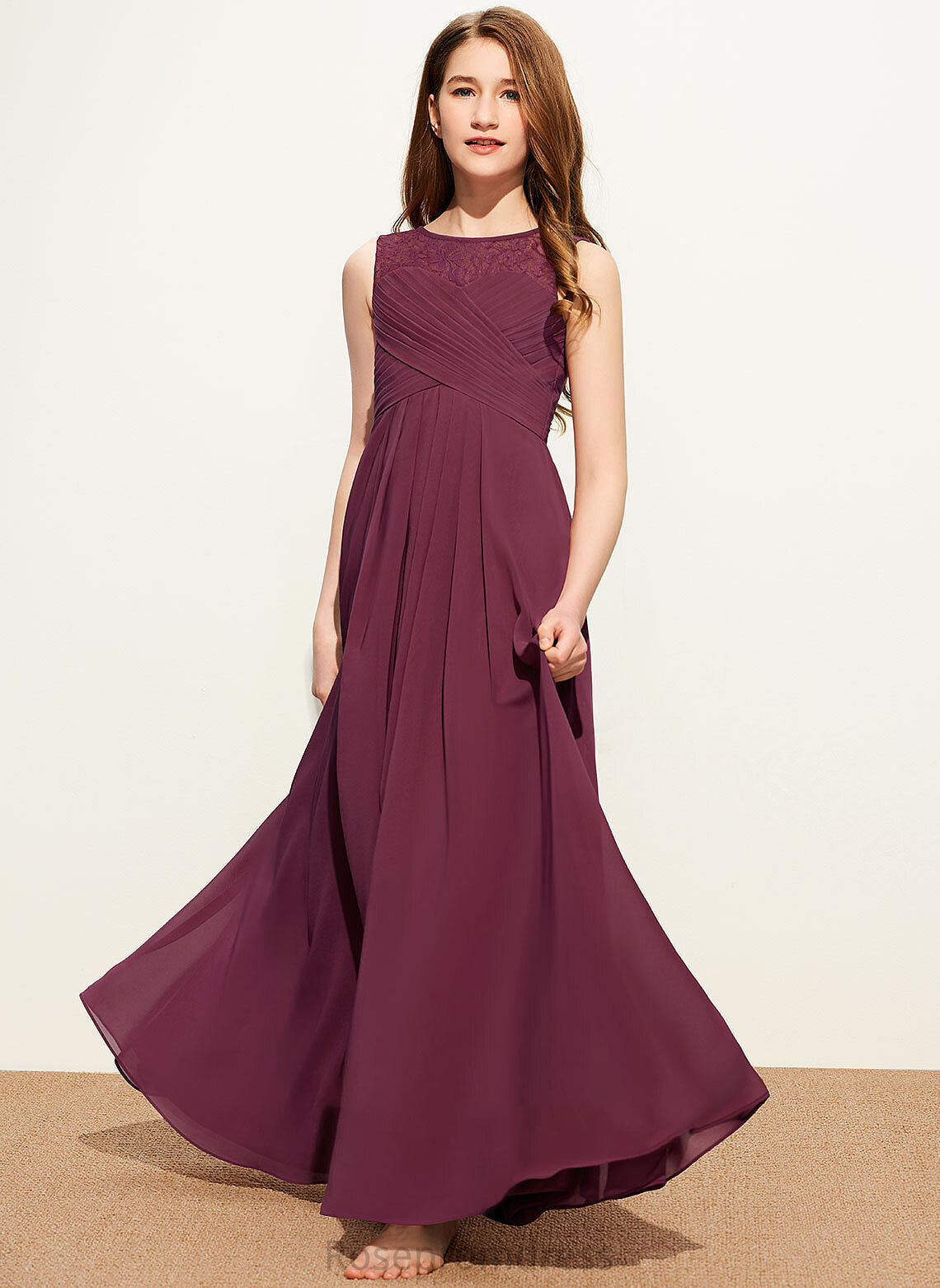 Bow(s) Floor-Length Gracie Ruffle Chiffon Scoop Neck Junior Bridesmaid Dresses A-Line Lace With