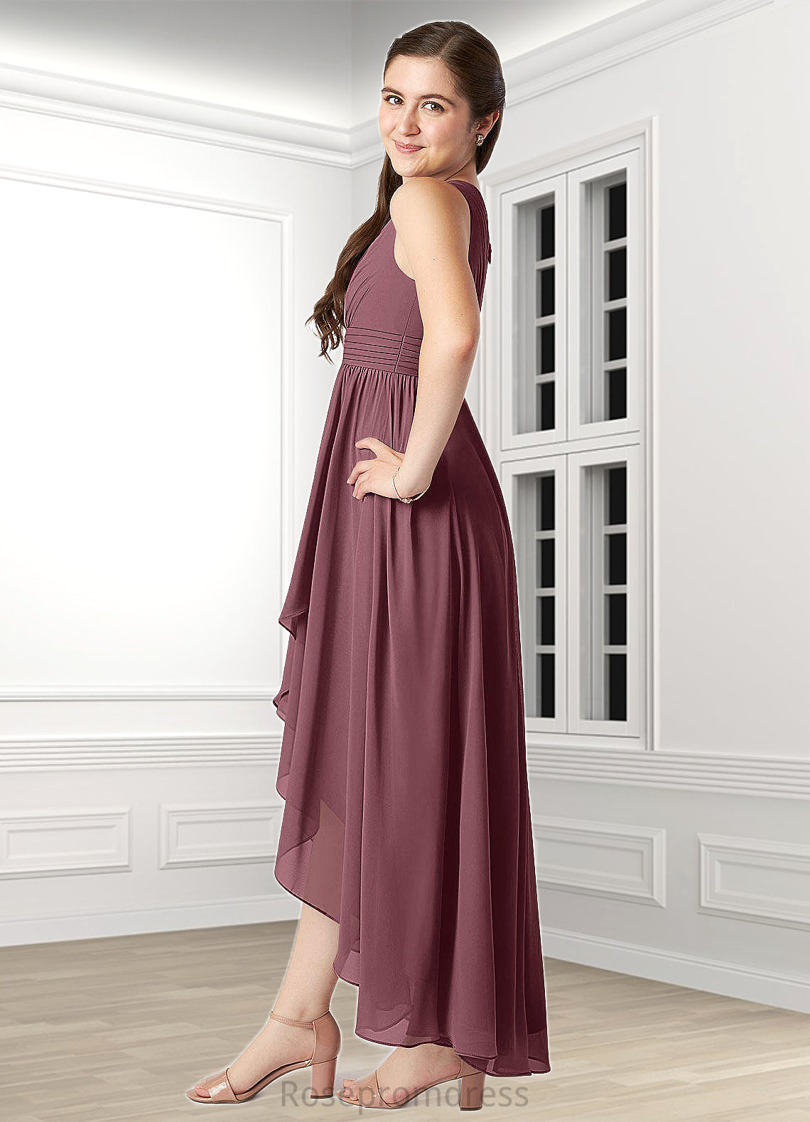 Allisson A-Line Pleated Chiffon Asymmetrical Junior Bridesmaid Dress SRSP0019990