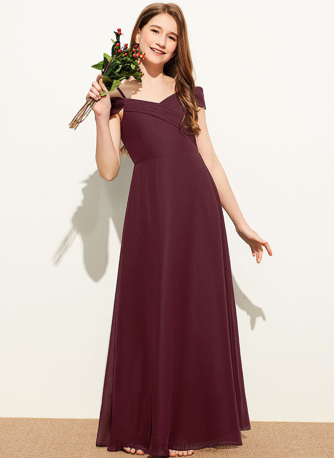 Floor-Length A-Line With Junior Bridesmaid Dresses Off-the-Shoulder Chiffon Ruffle Braelyn