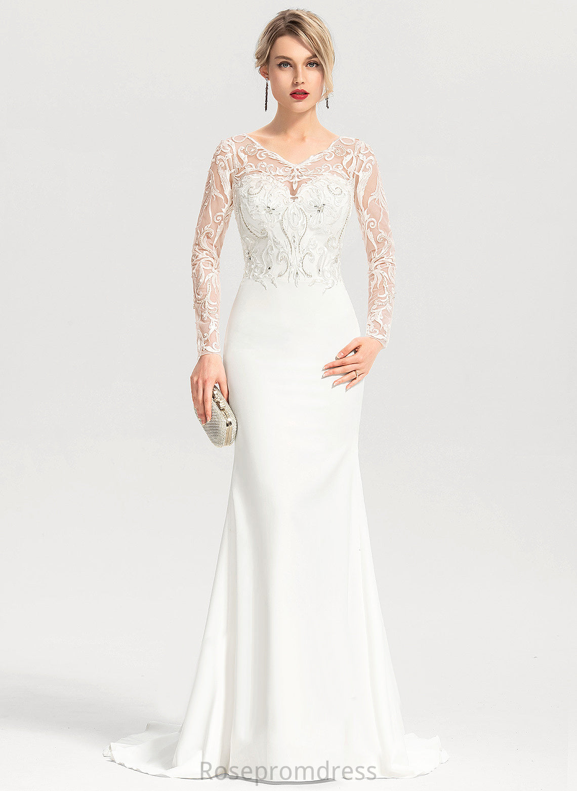 Sweep Train Stretch Trumpet/Mermaid V-neck Crepe Raelynn Wedding Dresses Wedding Lace Sequins Beading With Dress