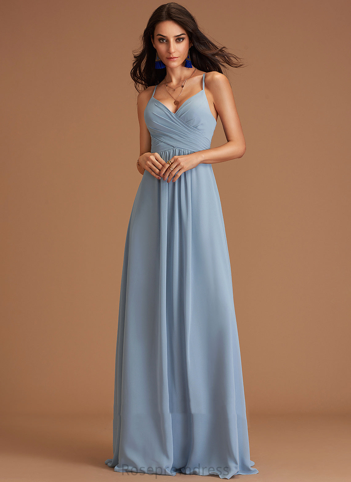 Length Embellishment Silhouette Floor-Length V-neck Fabric Ruffle Neckline A-Line Cara V-Neck Natural Waist Bridesmaid Dresses