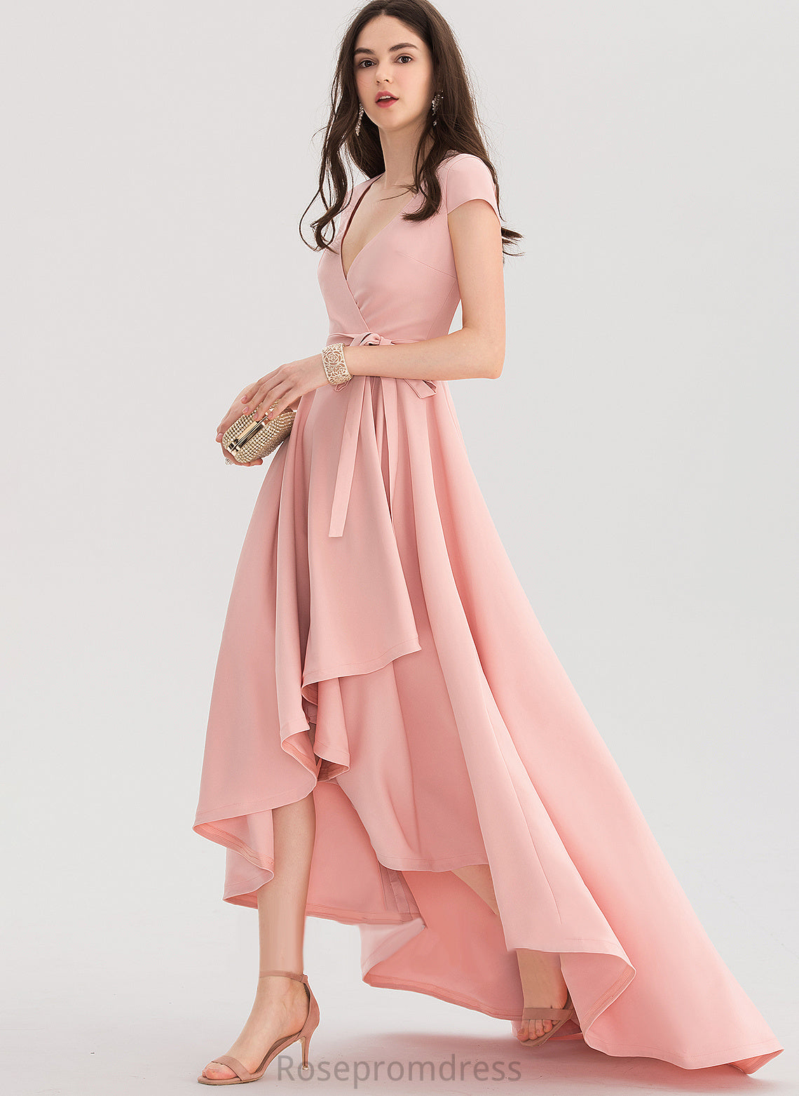 Crepe V-neck Marely Prom Dresses Stretch Asymmetrical A-Line