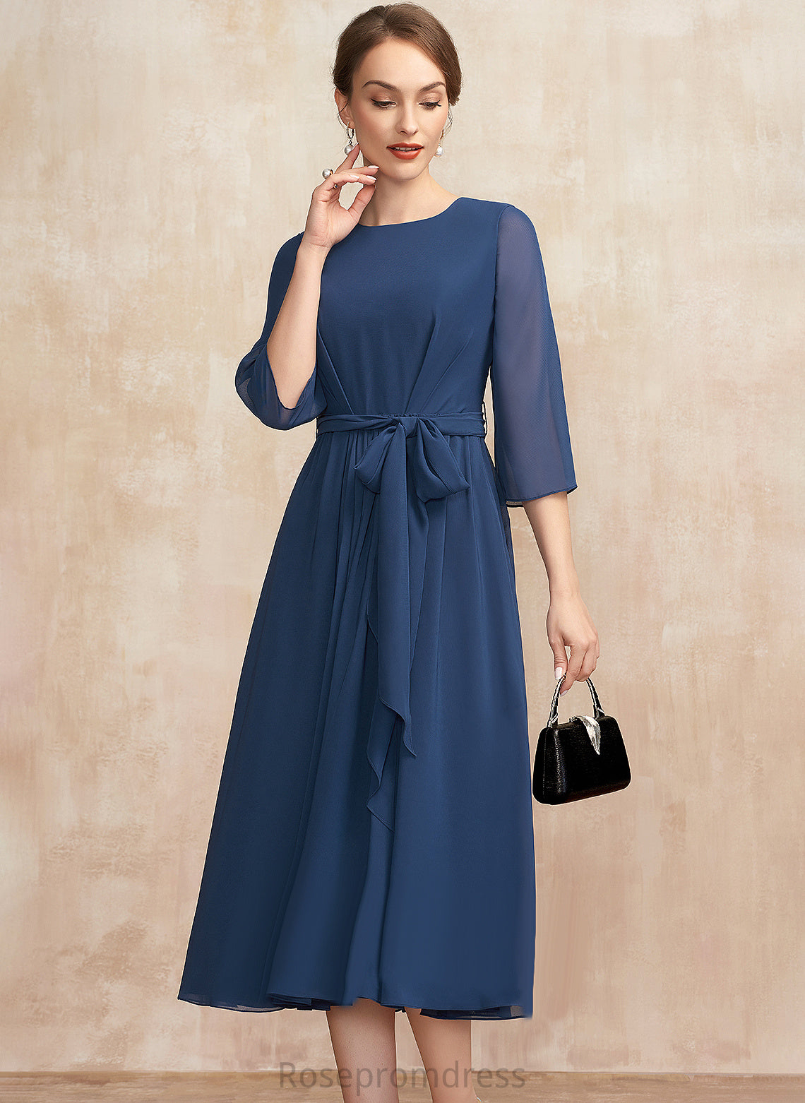 A-Line Cocktail Dresses Neck With Madge Cocktail Bow(s) Tea-Length Dress Chiffon Ruffle Scoop