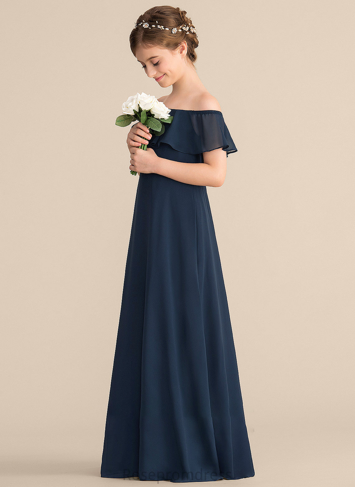 Chiffon With Cascading A-Line Ruffles Junior Bridesmaid Dresses Arely Floor-Length Off-the-Shoulder