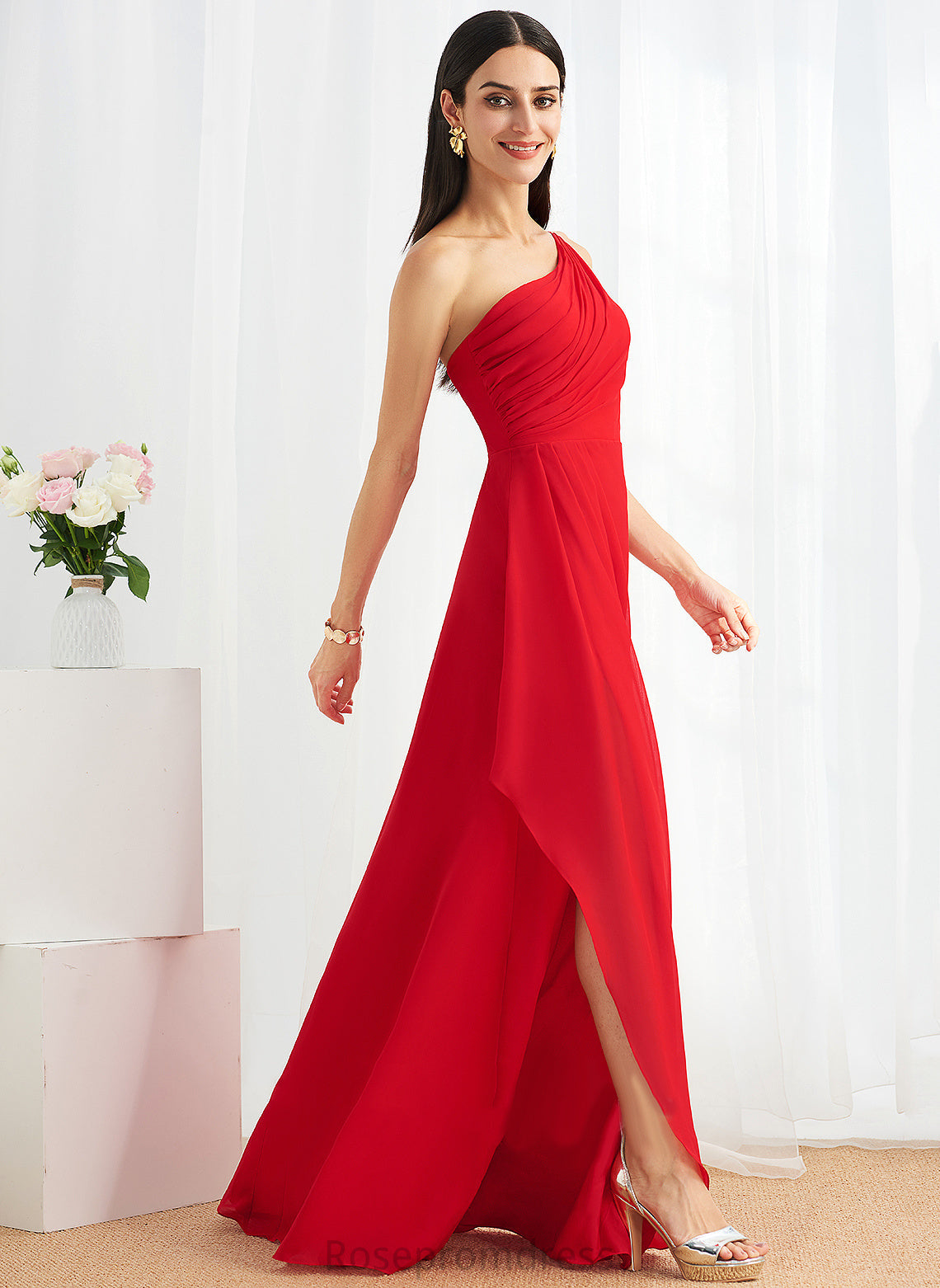 Length Neckline Silhouette Floor-Length One-Shoulder SplitFront Ruffle Embellishment A-Line Fabric Cameron V-Neck Bridesmaid Dresses