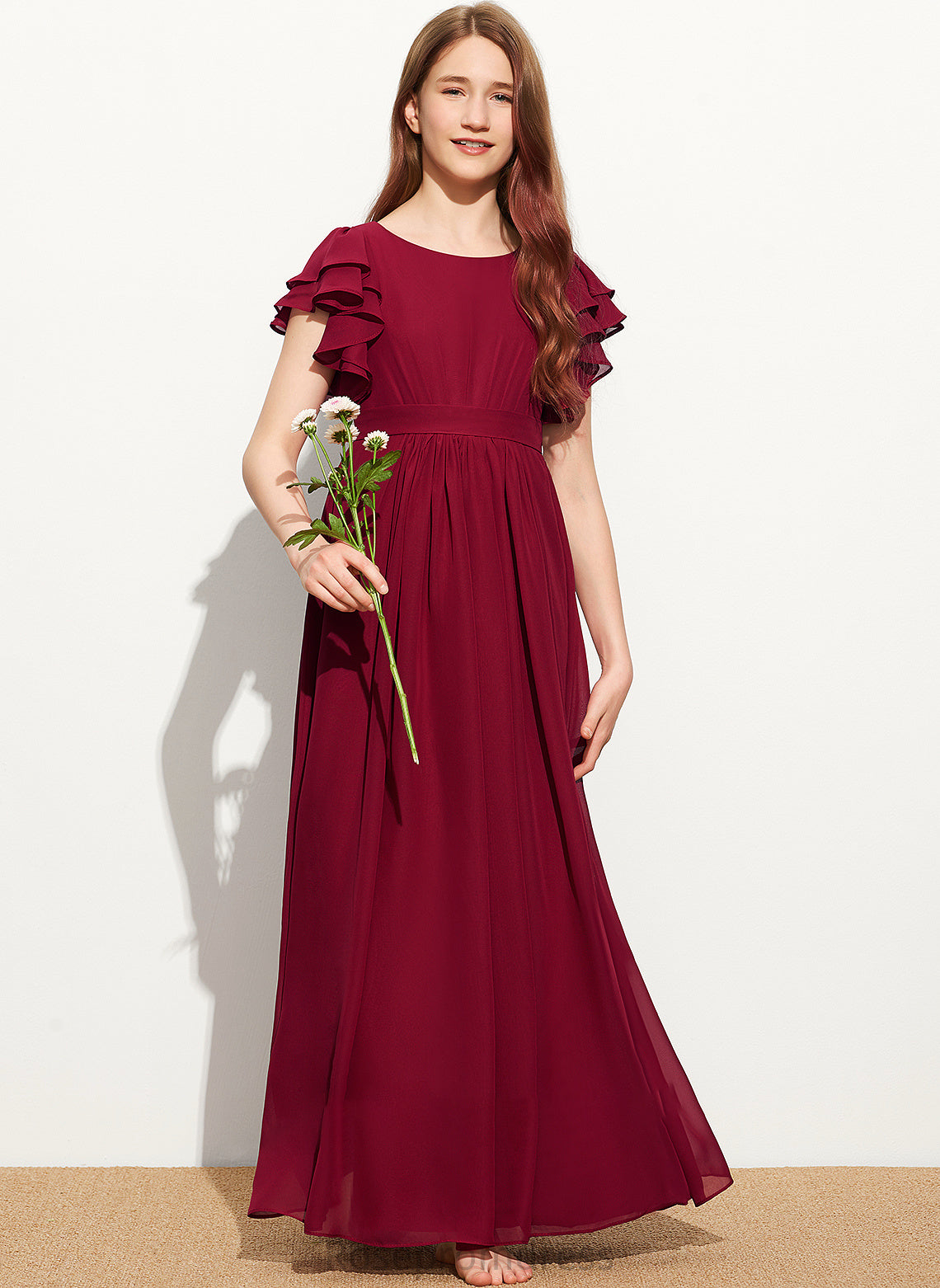 With A-Line Neck Chiffon Phoebe Scoop Junior Bridesmaid Dresses Ruffles Floor-Length Cascading