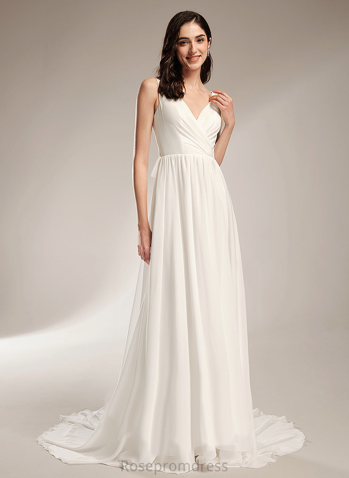 Janessa Wedding Train With V-neck Chiffon Court Dress A-Line Lace Wedding Dresses