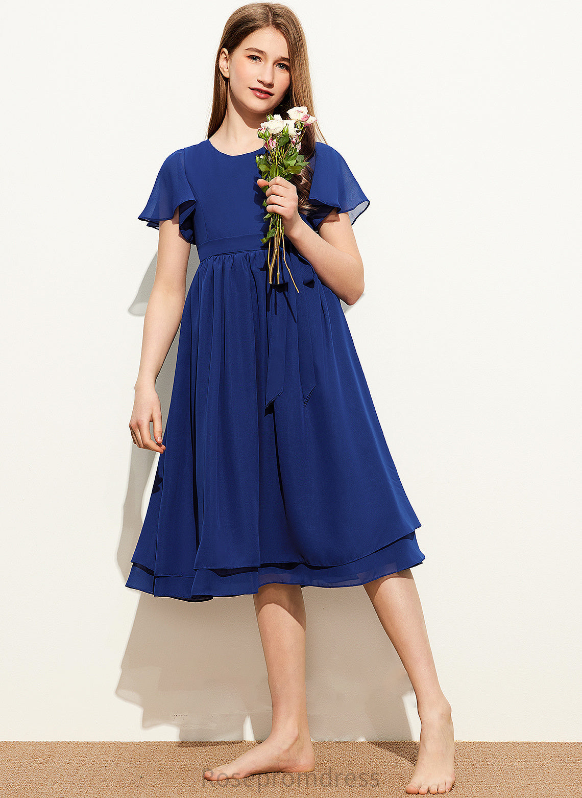 Bow(s) Giovanna Junior Bridesmaid Dresses With Chiffon A-Line Neck Scoop Knee-Length