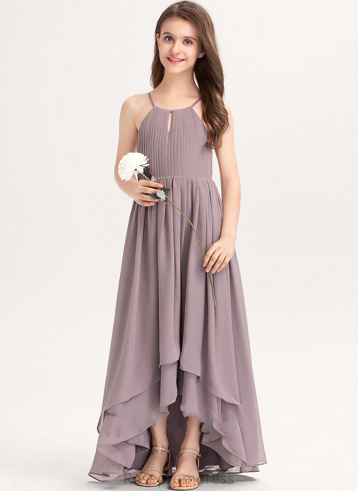 A-Line Ruffle Bow(s) Kiley Neck Junior Bridesmaid Dresses With Asymmetrical Chiffon Scoop