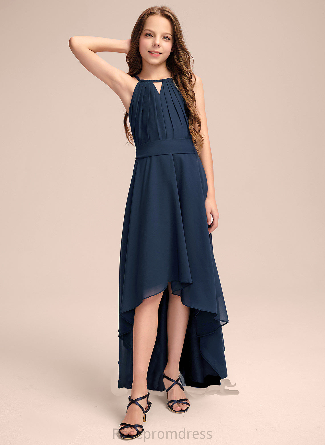 Junior Bridesmaid Dresses Adelaide Scoop Ruffles A-Line Chiffon Bow(s) Neck Asymmetrical With